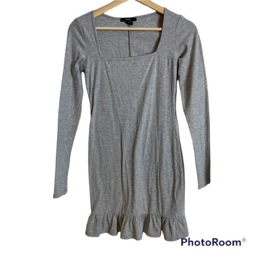 Forever 21 Ribbed Square Neck Long Sleeve Mini Dress Gray Ruffle Hem Size Small